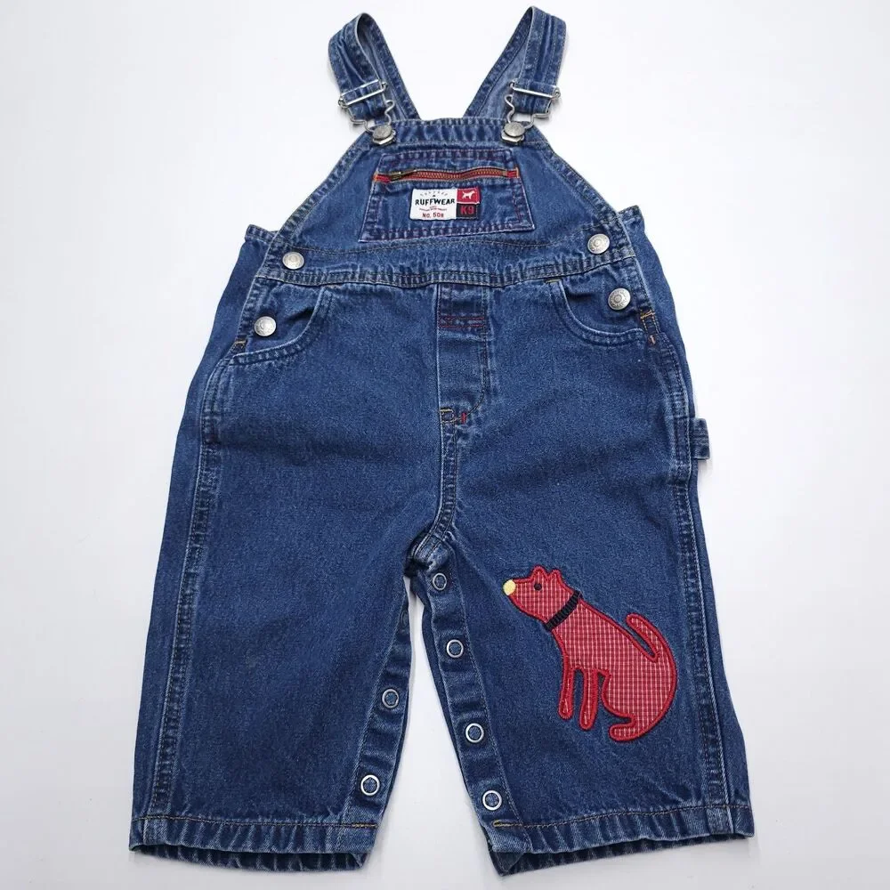 Vintage Gap Overalls 6-12 Months Ruff Wear Dog Patches Blue Denim